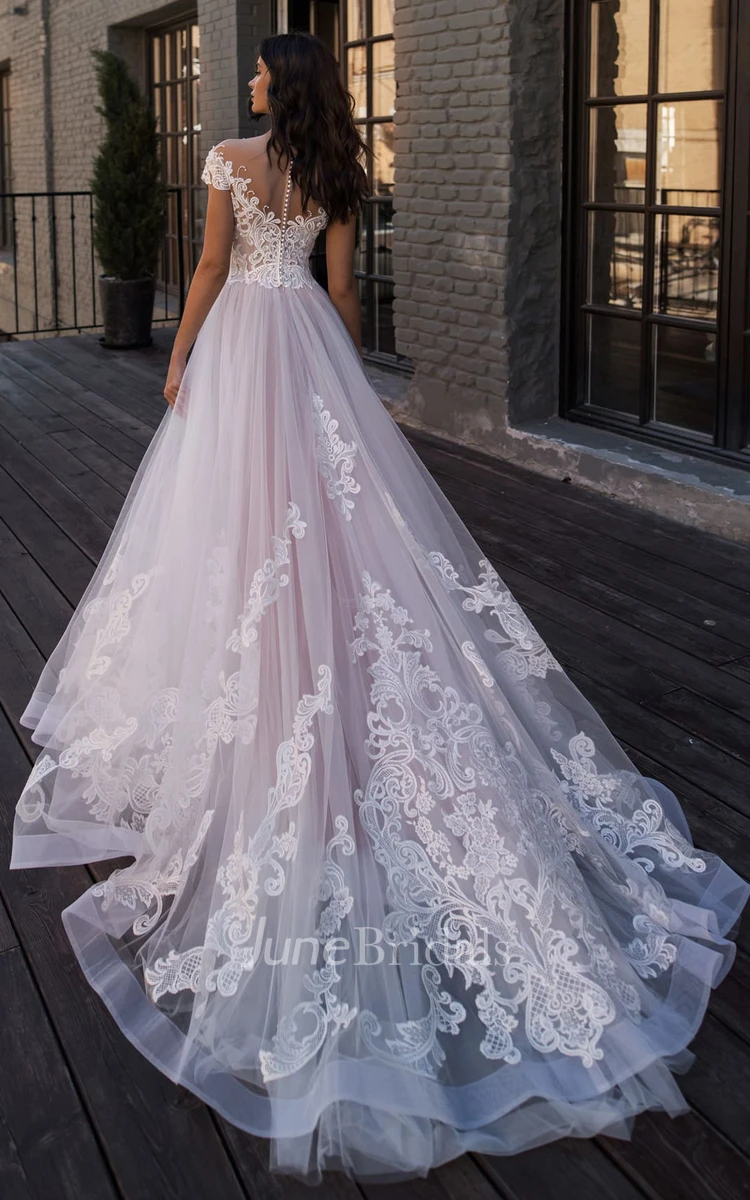 Ethereal Lace and Tulle V-neck A Line Chapel Train Wedding Dress with Appliques 