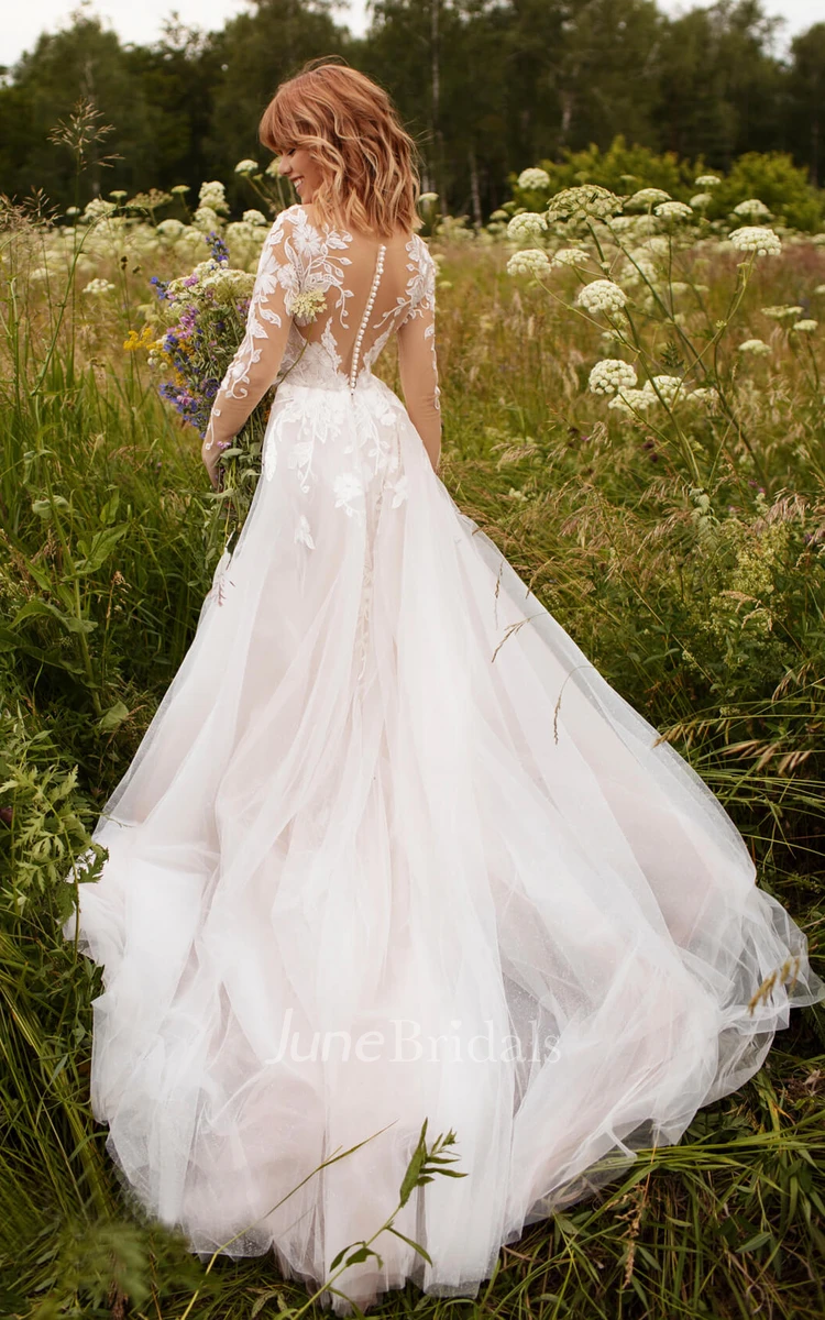 Tulle Illusion Sleeve Adorable Wedding Dress With Lace Details And Illusion Button Back