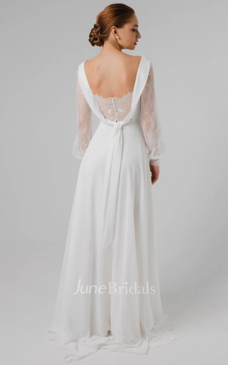 Vintage A Line V-neck Chiffon and Lace Wedding Dress with Split Front