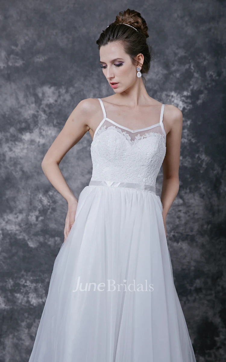 Spaghetti Strap Low V Neck Long Tulle Dress With Sash and Lace Detailing