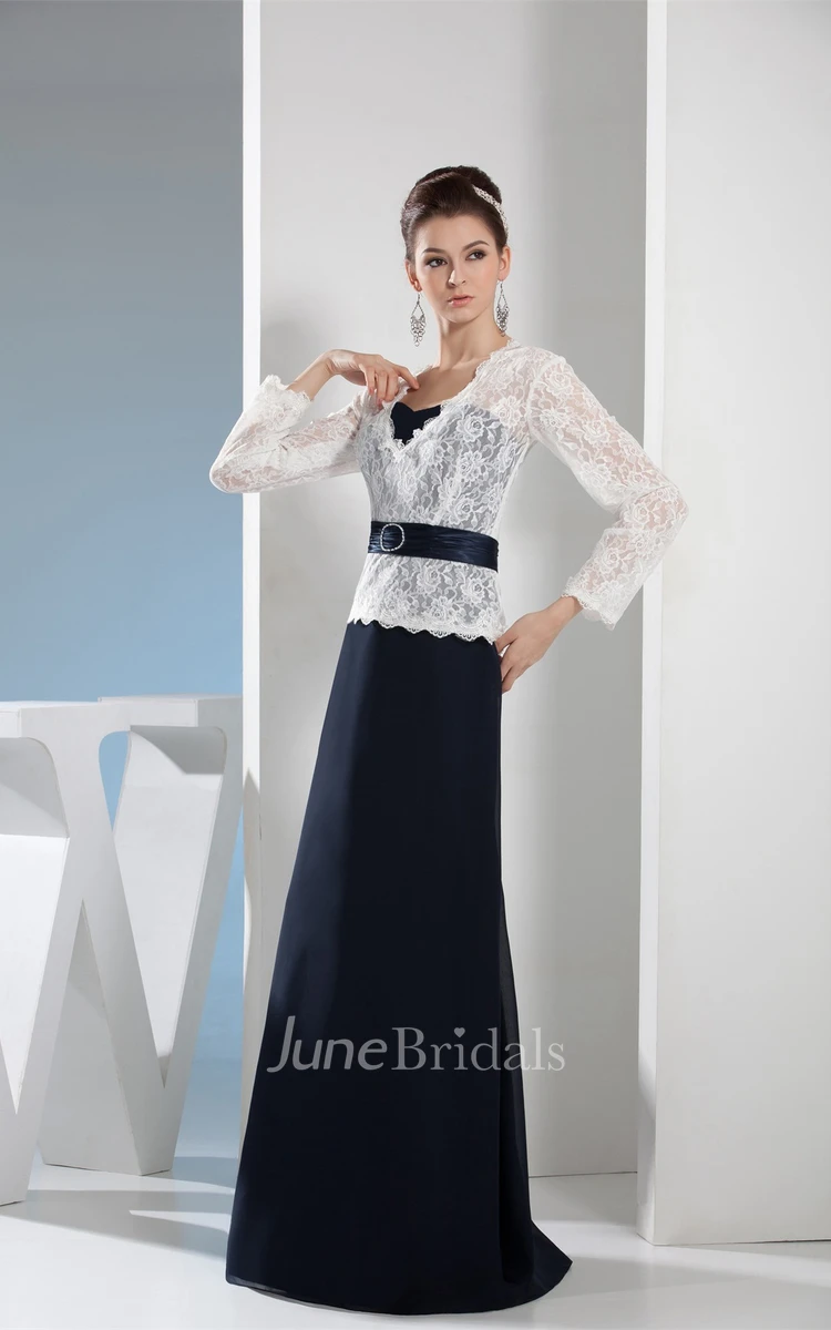 Two-Tone V-Neck Floor-Length Dress with Lace Top