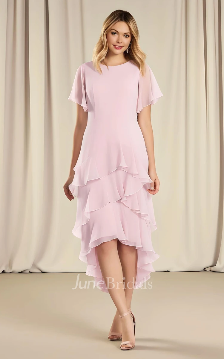 Casual Sheath Bateau Neck Chiffon Mother of the Bride Dress with Ruffles Modest Elegant High-Low Short Sleeves