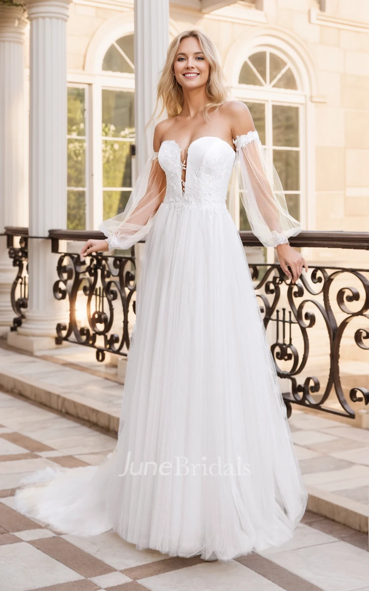 Romantic Floral A-Line Boho Lace off the Shoulder Beach Garden Wedding Dress Modern Flowy Plunging Neckline Puff Sleeve Floor Length Trained Tulle Bridal Gown