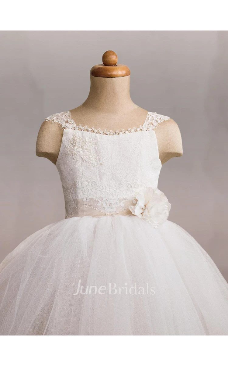 Cap Sleeve Lace Bodice Pleated Ball Gown With Lace-Up Back