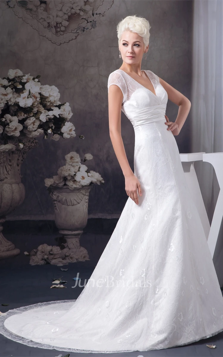 Plunged Caped-Sleeve A-Line Gown with Appliques and Ruched Waist
