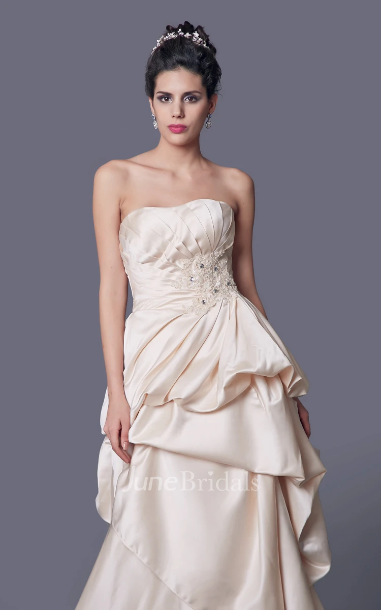 Simple Strapless A-line Ruffled Satin Long Dress