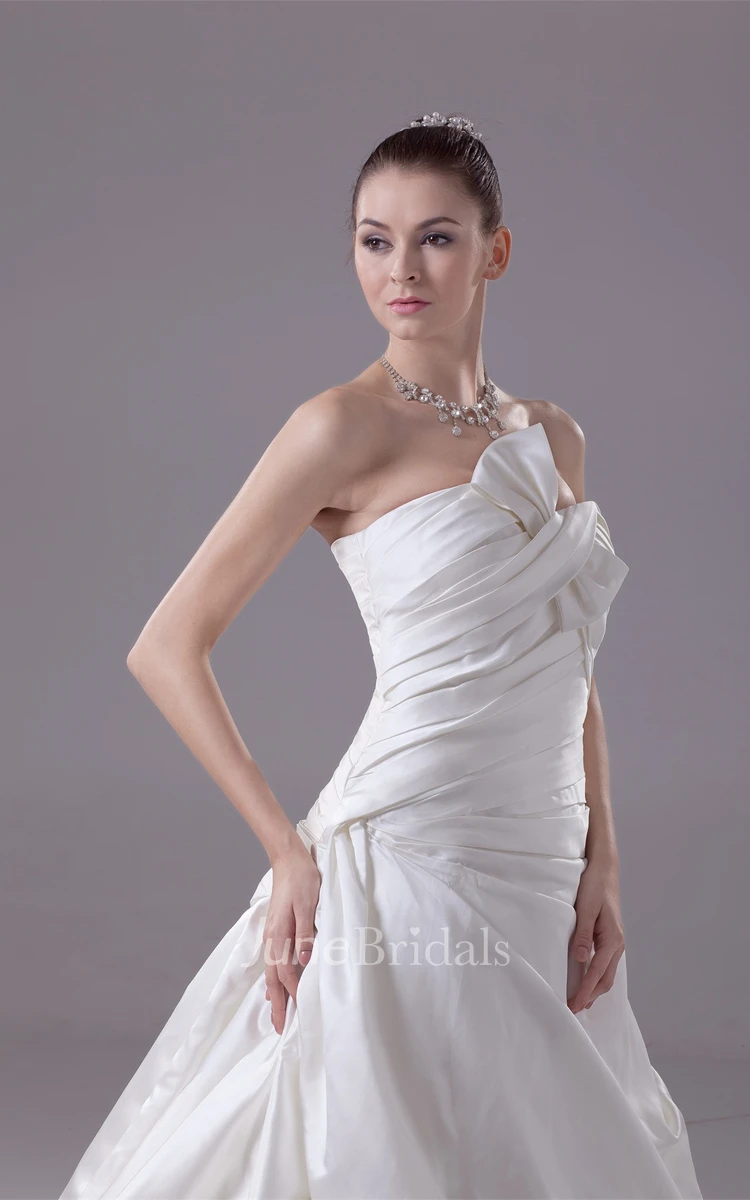 Strapless Pick-Up A-Line Gown with Bow Criss-Cross Ruching