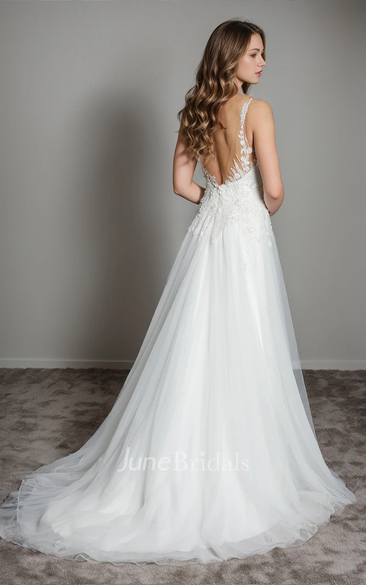 Ethereal Romantic A-Line Straps Sleeveless Lace Flowers Tulle Wedding Dress Sexy Elegant Garden Floor-length V-neck Bridal Gown with Train Deep-V Back