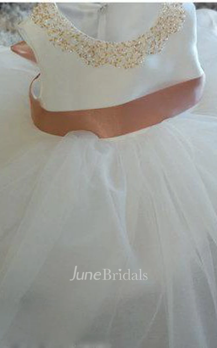 Beaded Jewel Neckline Satin Bust Tulle Dress With Belt