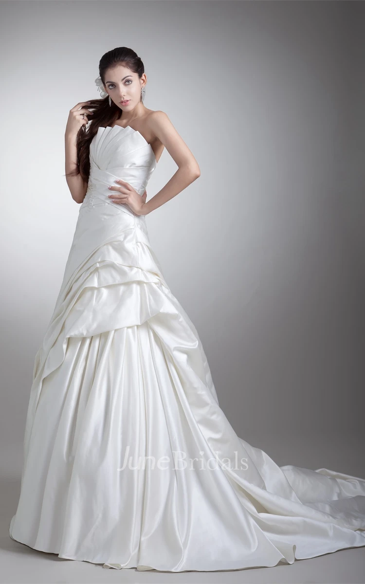 strapless a-line ball ruched gown with corset back and appliques