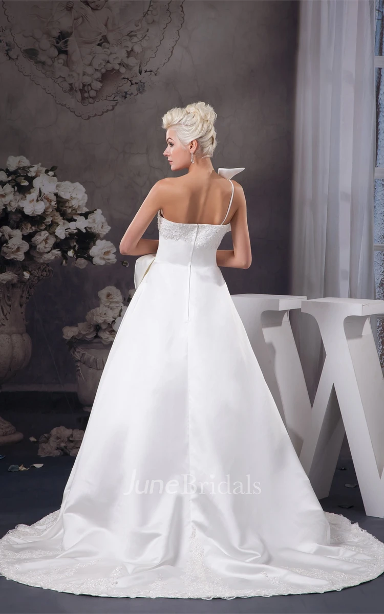 Sleeveless Appliqued Ball Gown with Bow and Single Strap