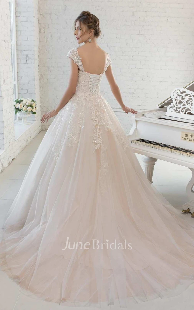 Cap-Sleeve Tulle A-Line Ball Gown Wedding Dress With Appliques And Corset Back