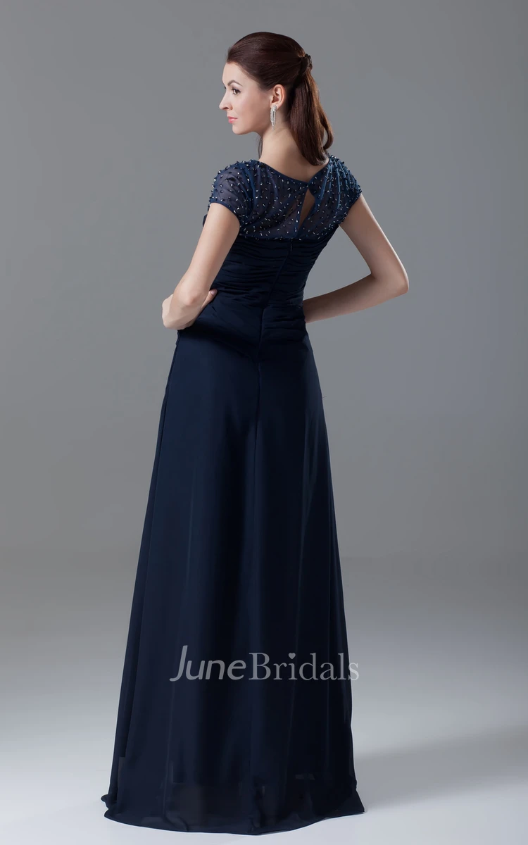 Maxi Bateau-Neck Pleated-Sleeve Dress With Crystal Detailing