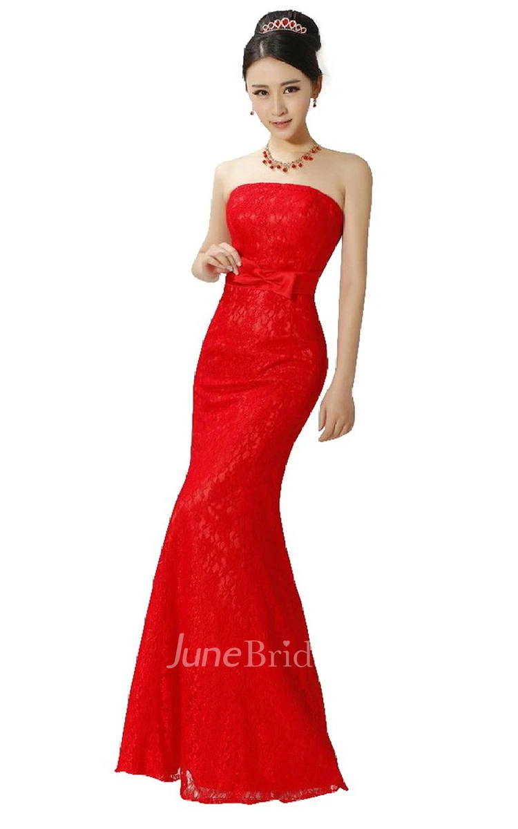 Strapless Floor-length Dress With Lace and Bow