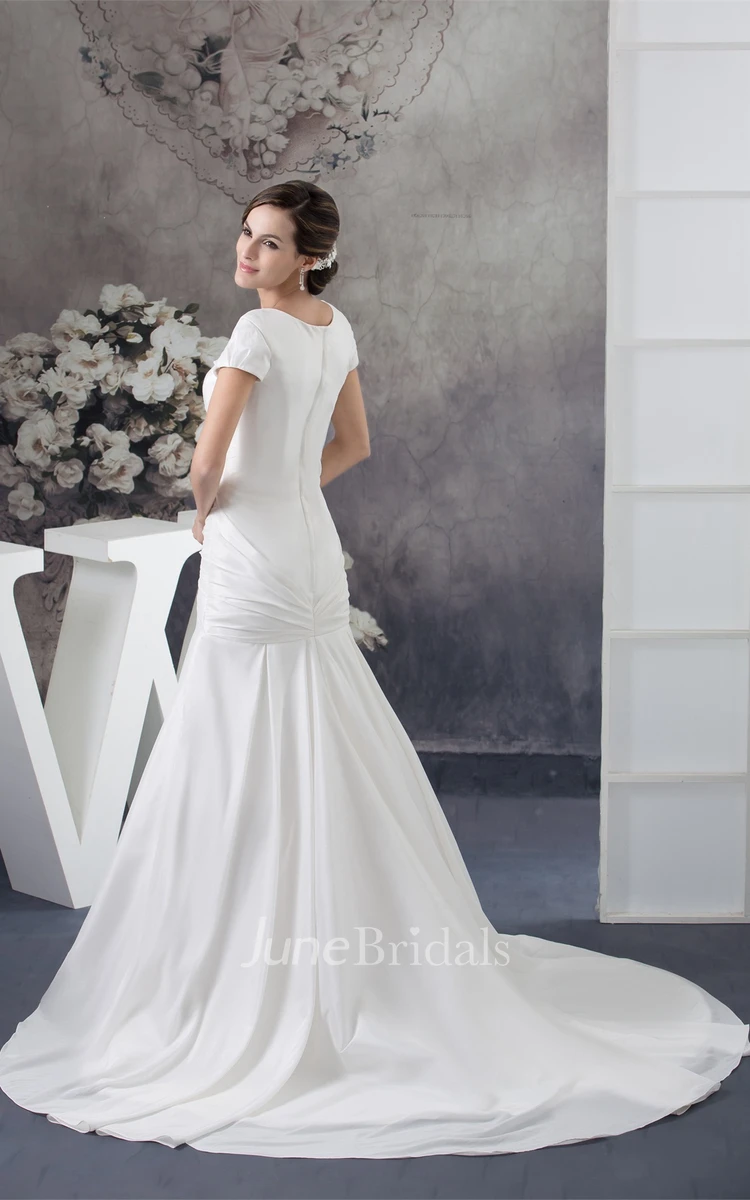 Scoop-Neckline Short-Sleeve Taffeta Gown with Criss-Cross and Beadings