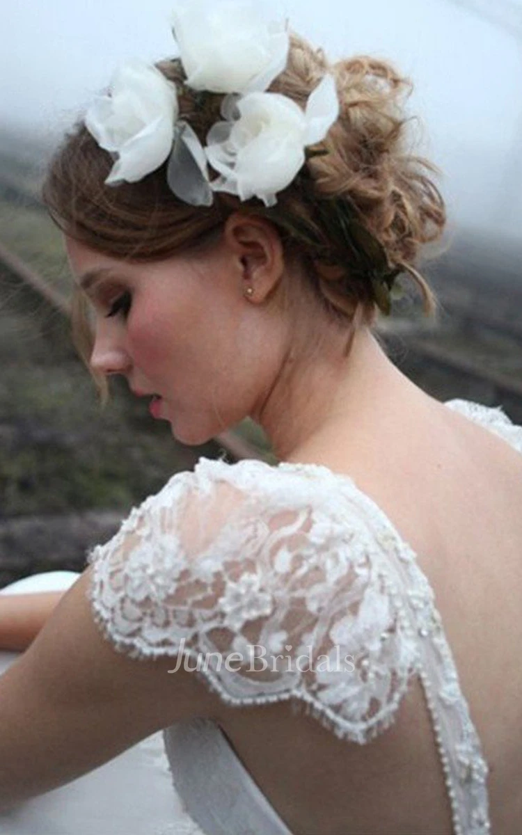 A-line Princess V-neck Floor-length Cap Sleeve Lace Chiffon Wedding Dresses