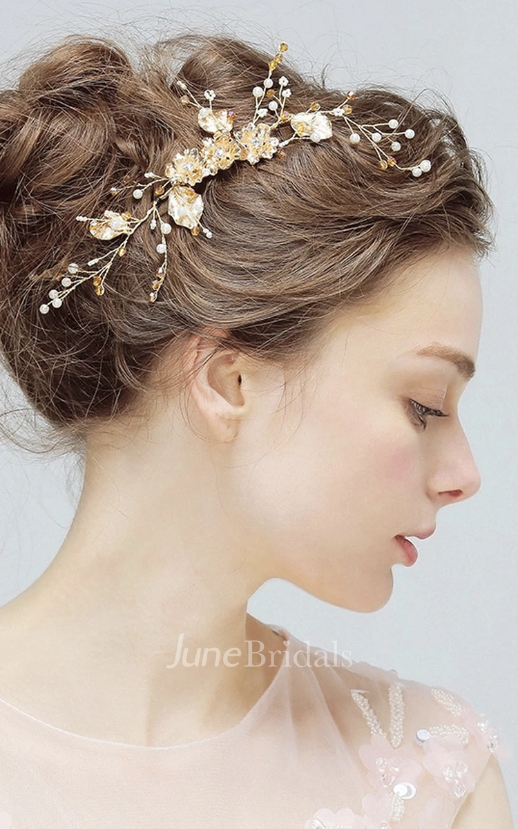 Aesthetic Delicate Gold Flower Rhinestone Crystal Pearl Manual Hair Comb