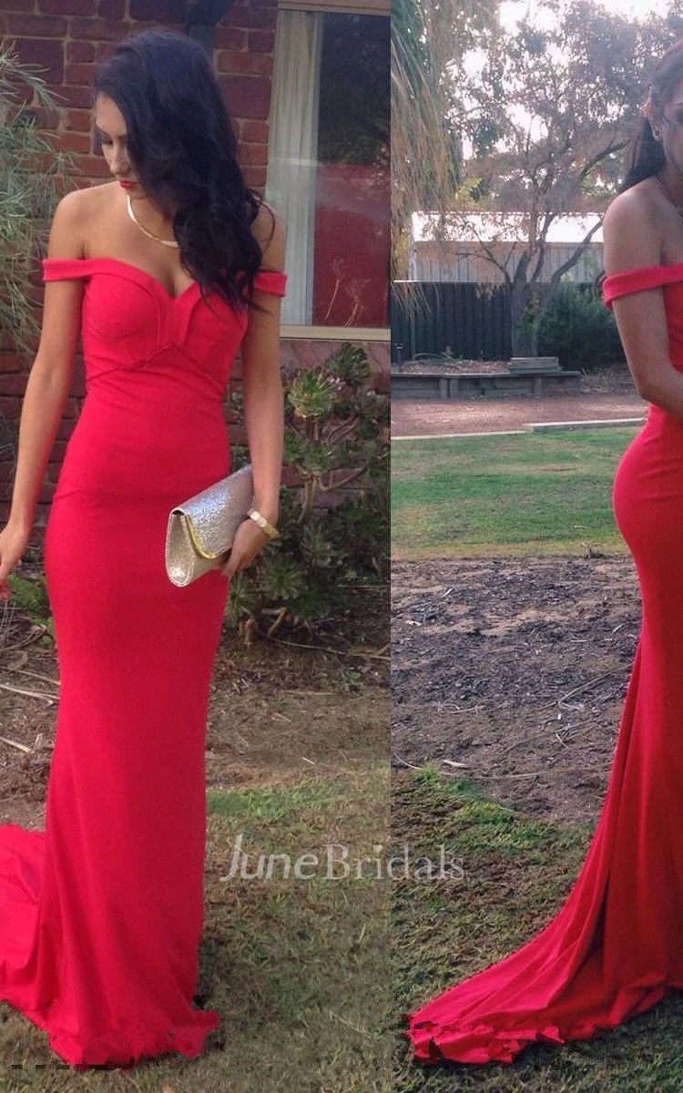Sexy Red Mermaid Sweep Train Prom Dress Off-the-shoulder