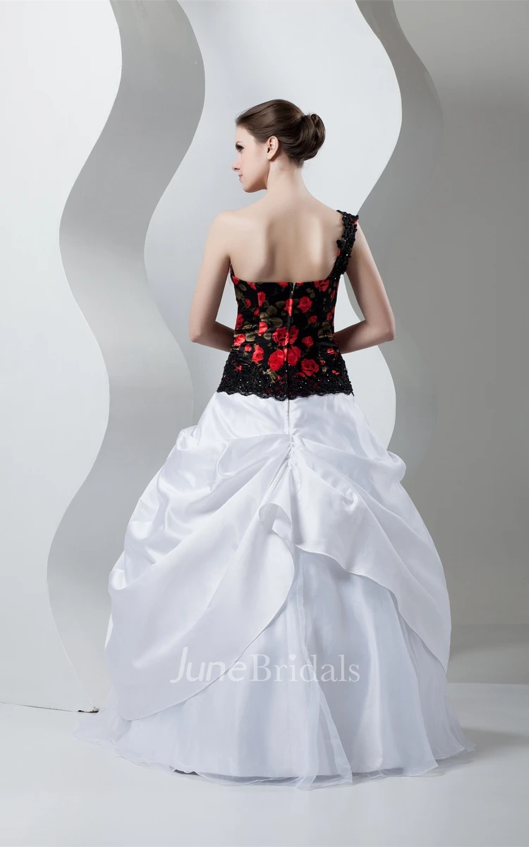 Floral One-Shoulder Pick-Up Gown with Beading and Appliques