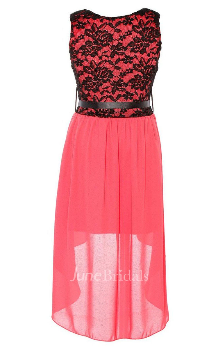 Sleeveless A-line High-low Dress With Lace Bodice