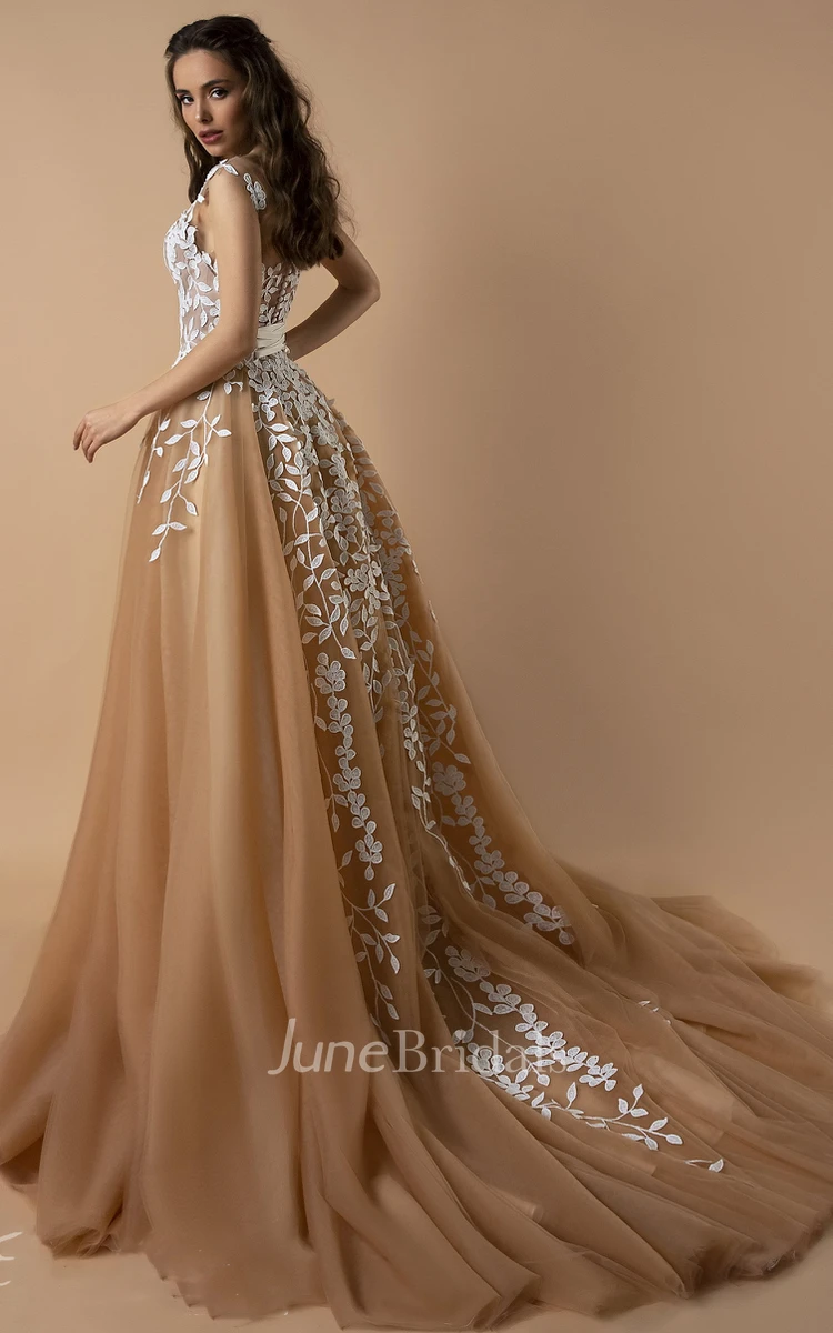 Modern A Line Sleeveless Tulle Bateau Button Floor-length Evening Dress with Appliques