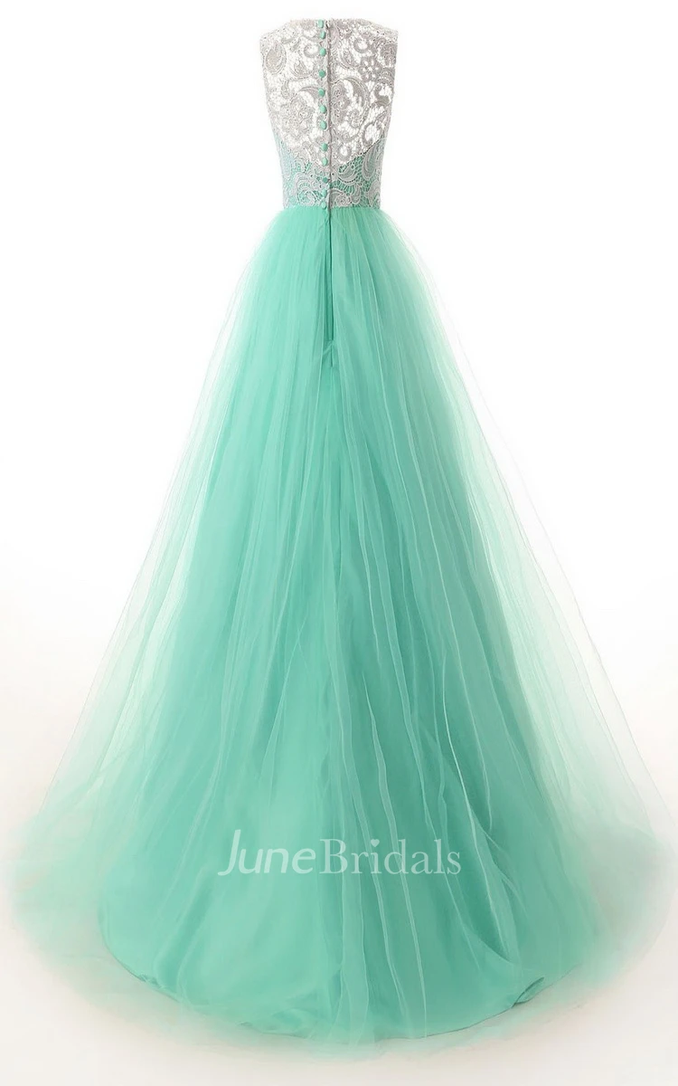 Jewel Pleated Tulle A-line Gown With Lace Appliques