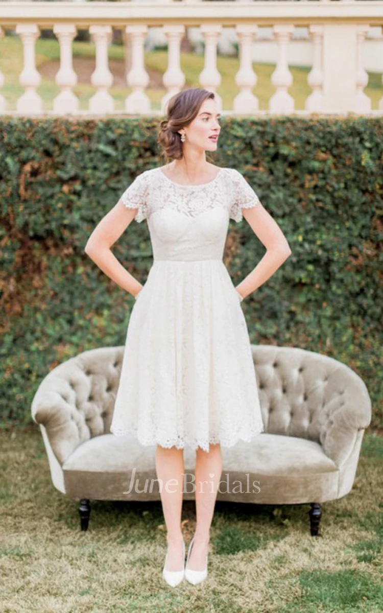 A-Line Short-Sleeve Scoop-Neck Short Lace Wedding Dress With Keyhole