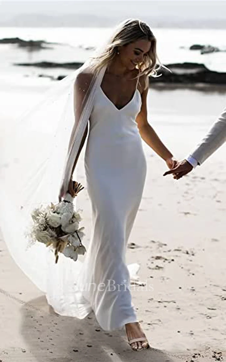Sheath Spaghetti Satin Wedding Dress Simple Sexy Elegant Romantic Adorable Beach Country Garden With Open Back And Sleevesless 