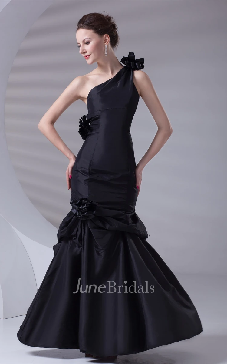 satin mermaid one-shoulder gown with flower and pick up