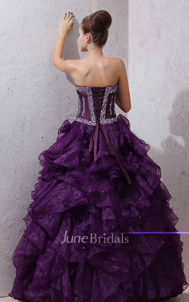 Strapless Organza Quinceanera Dress With Ruffles And Crystal Detailing