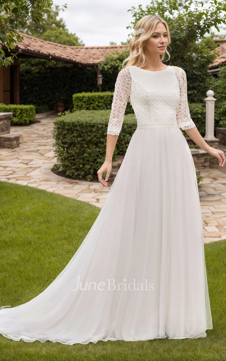 Modest Floral A-Line Boho Lace Boat Neck Beach Garden Wedding Dress Summer Elegant Short Half Sleeve Triangular Back Court Train Bridal Gown
