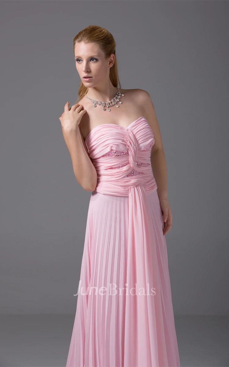 Chiffon Sweetheart Pleated Long Dress with Ruching and Beading