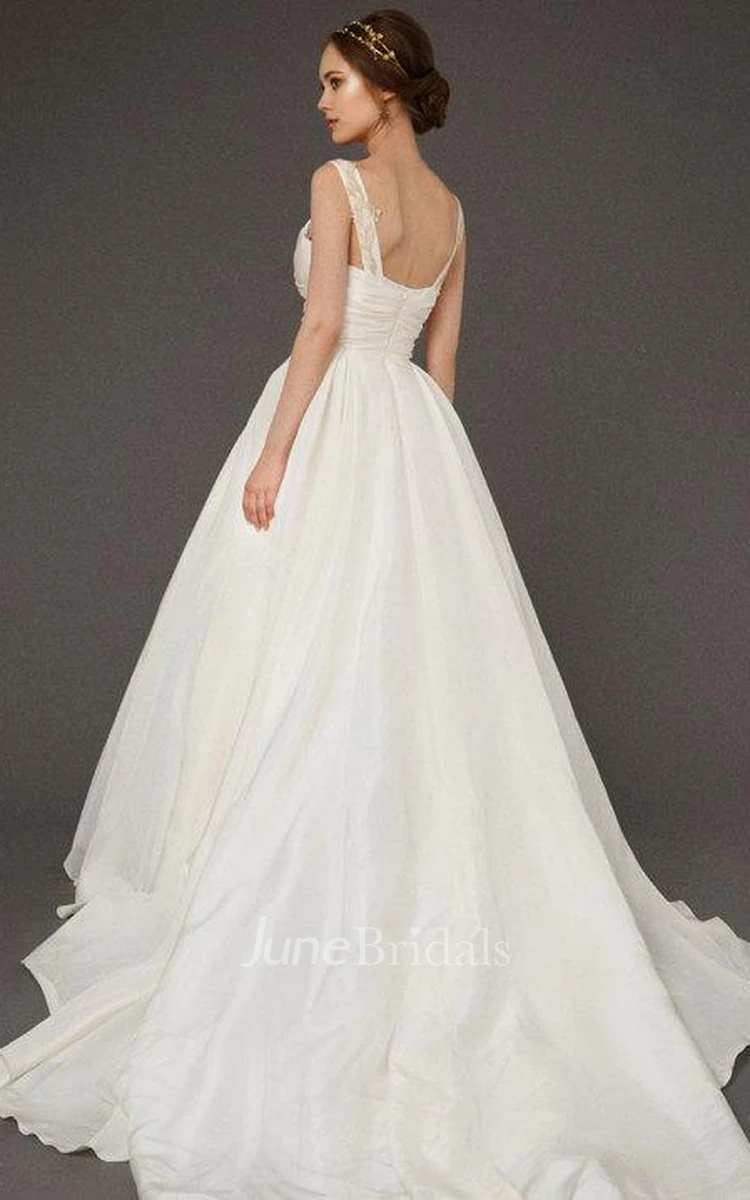 Square Neck A-Line Satin Wedding Dress With Ruching and Beading