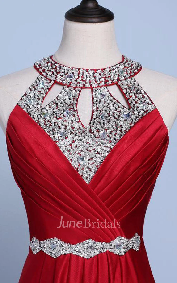 A-line Floor-length Halter sleeveless Jersey Beading Dress