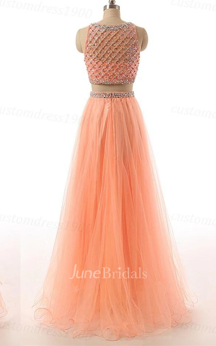 Two Pieces Long A-line Tulle Dress With Sequins