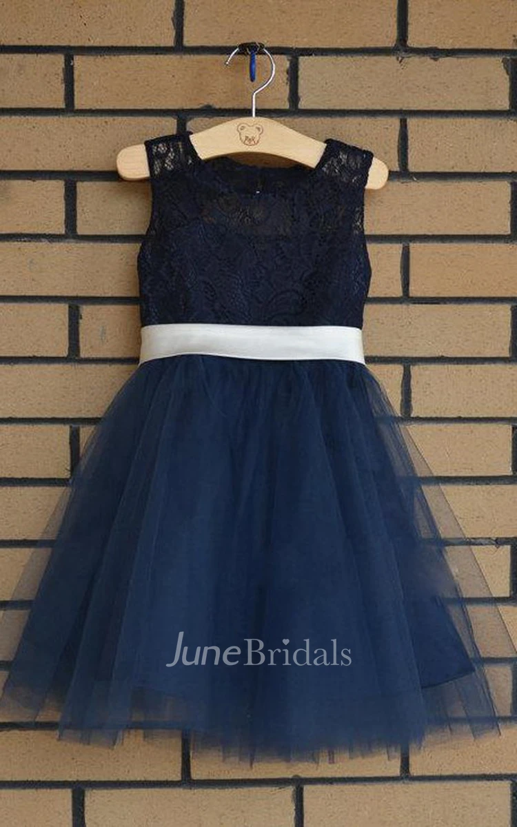 Lace Strap Scoop Neck Tulle Dress With Bow Sash
