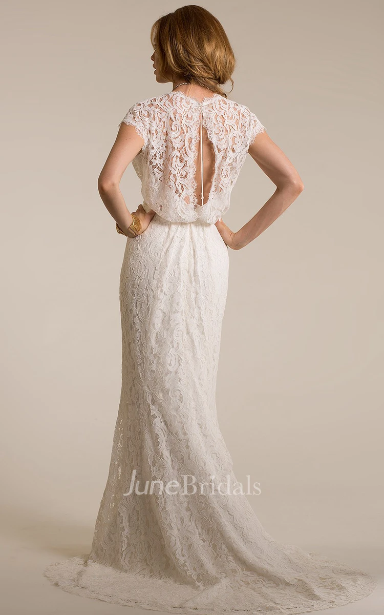 Long V-Neck Cap-Sleeve Lace Wedding Dress With Sweep Train And Keyhole