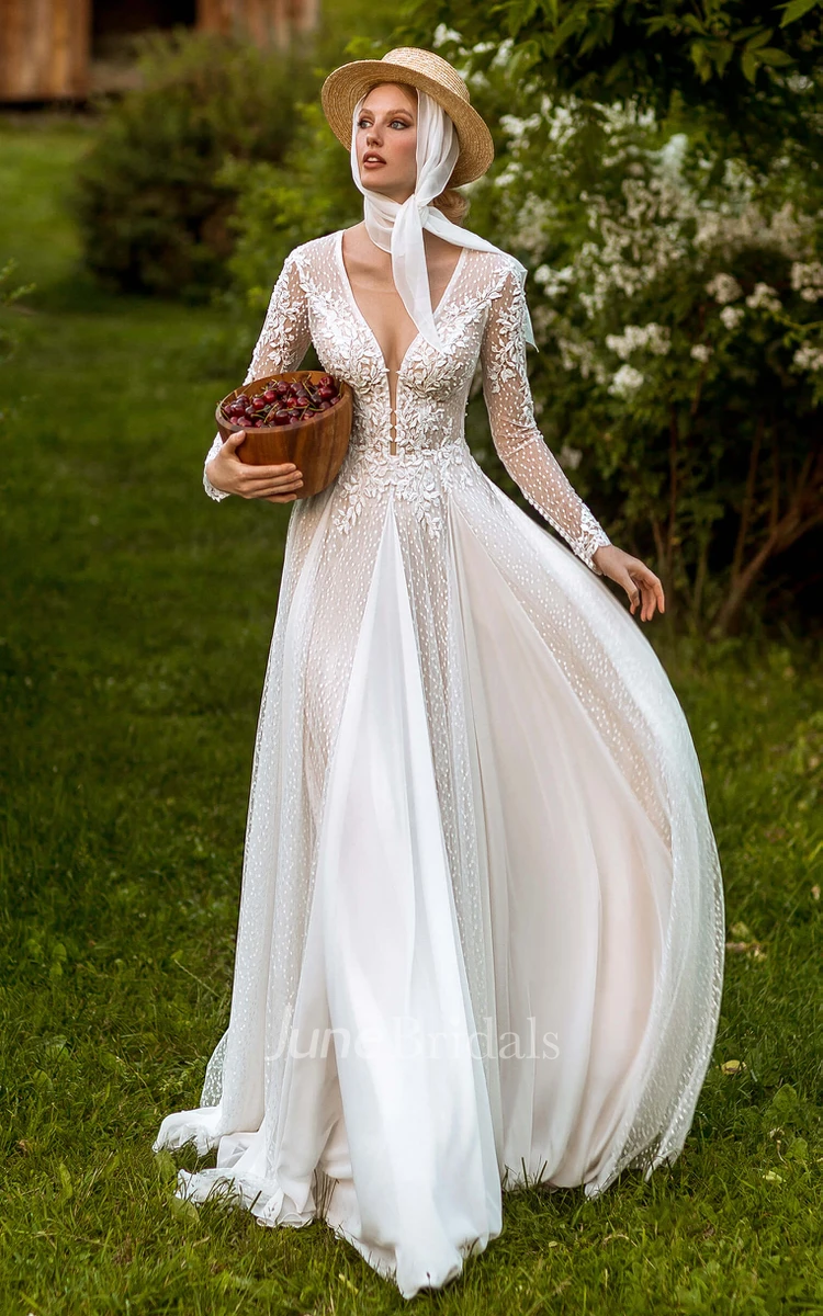 A-Line V-neck Lace Romantic Garden Wedding Dress With Button Back And Appliques