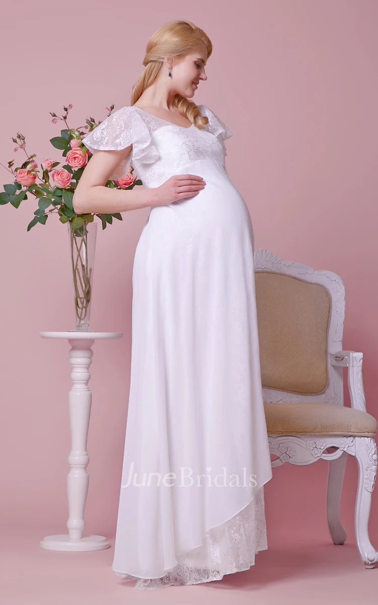 V-neck V-back Cap-sleeved Empire Chiffon Maternity Wedding Dress With Lace Bodice