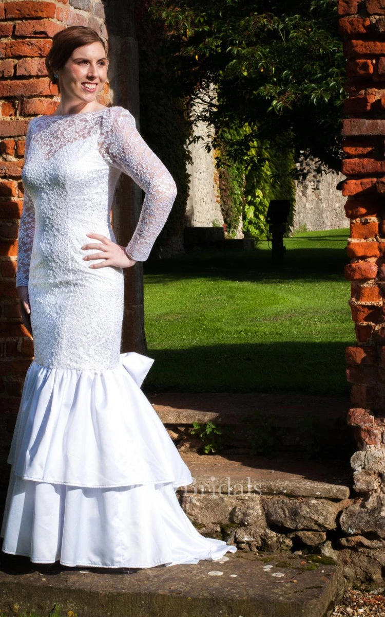 Bateau Neck Long Sleeve Lace Wedding Dress With Satin Skirt