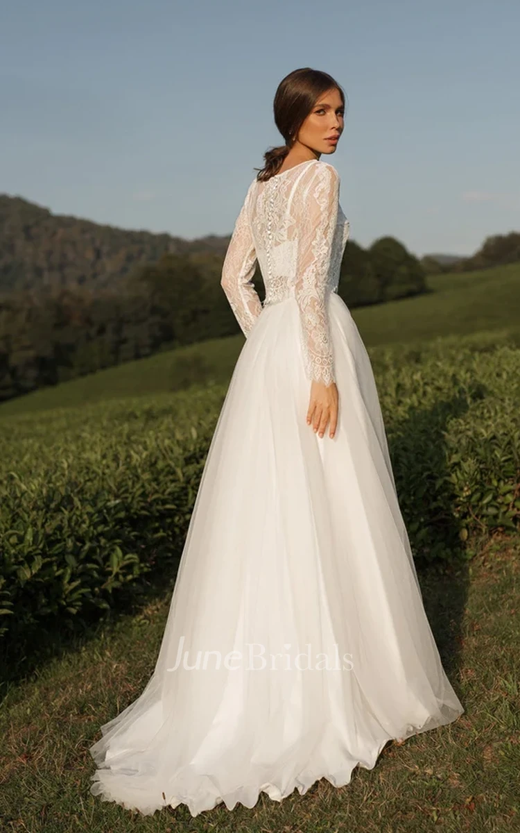 Two-piece A-Line Bateau Neck Lace Tulle Elegant Long Sleeve Bride Wedding Dress with Sweep Train Button Back