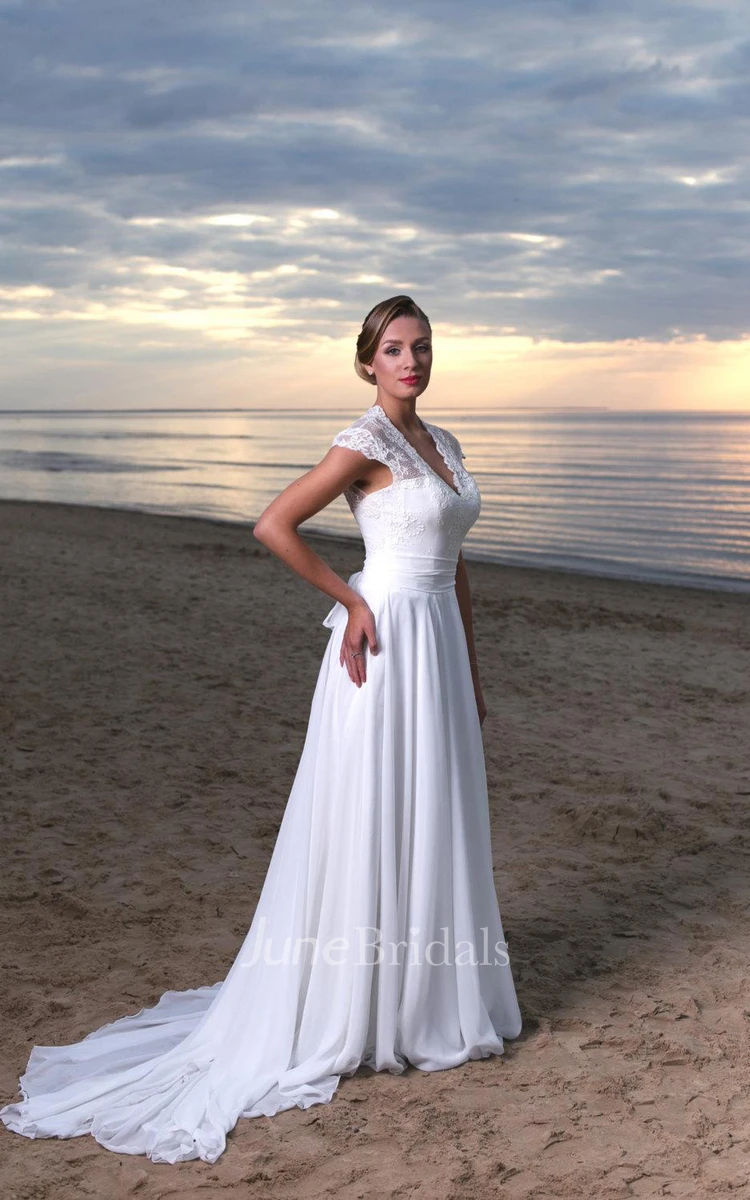V-Neck Long A-Line Chiffon and Lace Wedding Dress With Cap Sleeves