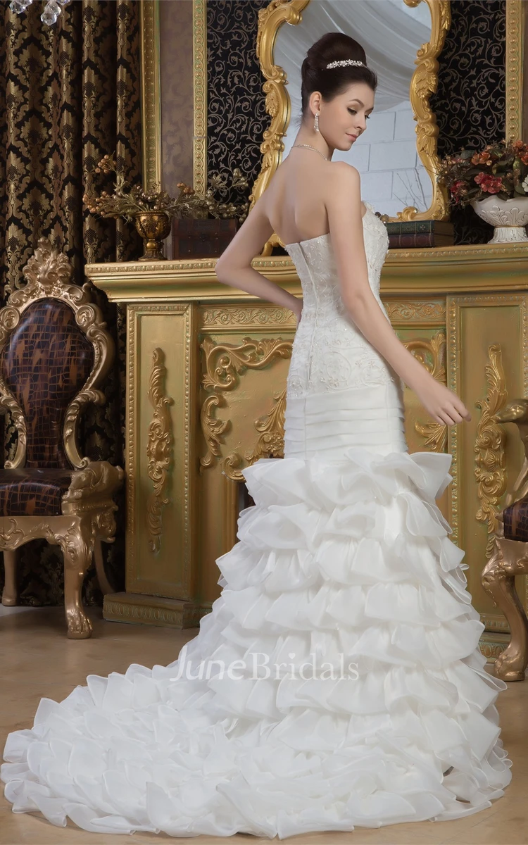 Strapless Mermaid Ruffled Gown with Appliques and Tiers