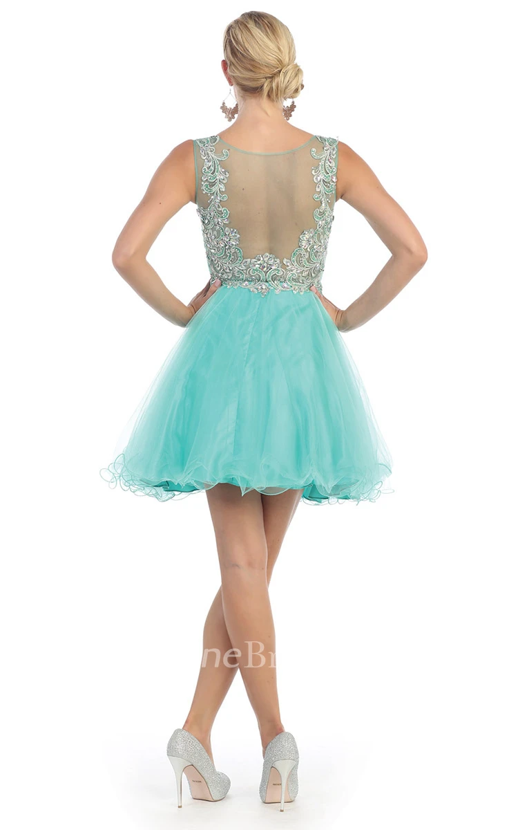 A-Line Short Bateau Sleeveless Tulle Illusion Dress With Beading And Pleats