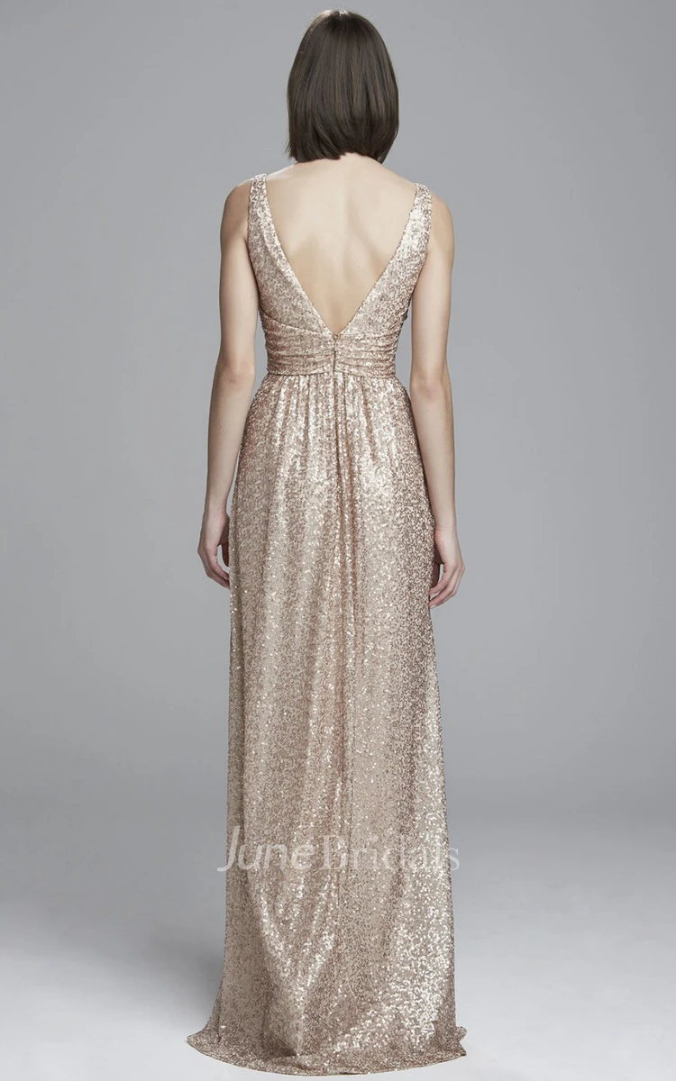 Maxi V-Neck Sleeveless Ruched Sequin Bridesmaid Dress