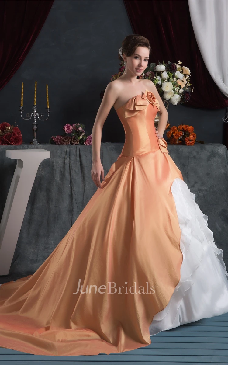 Strapless Ruffled Ball Gown with Flower and Pleats