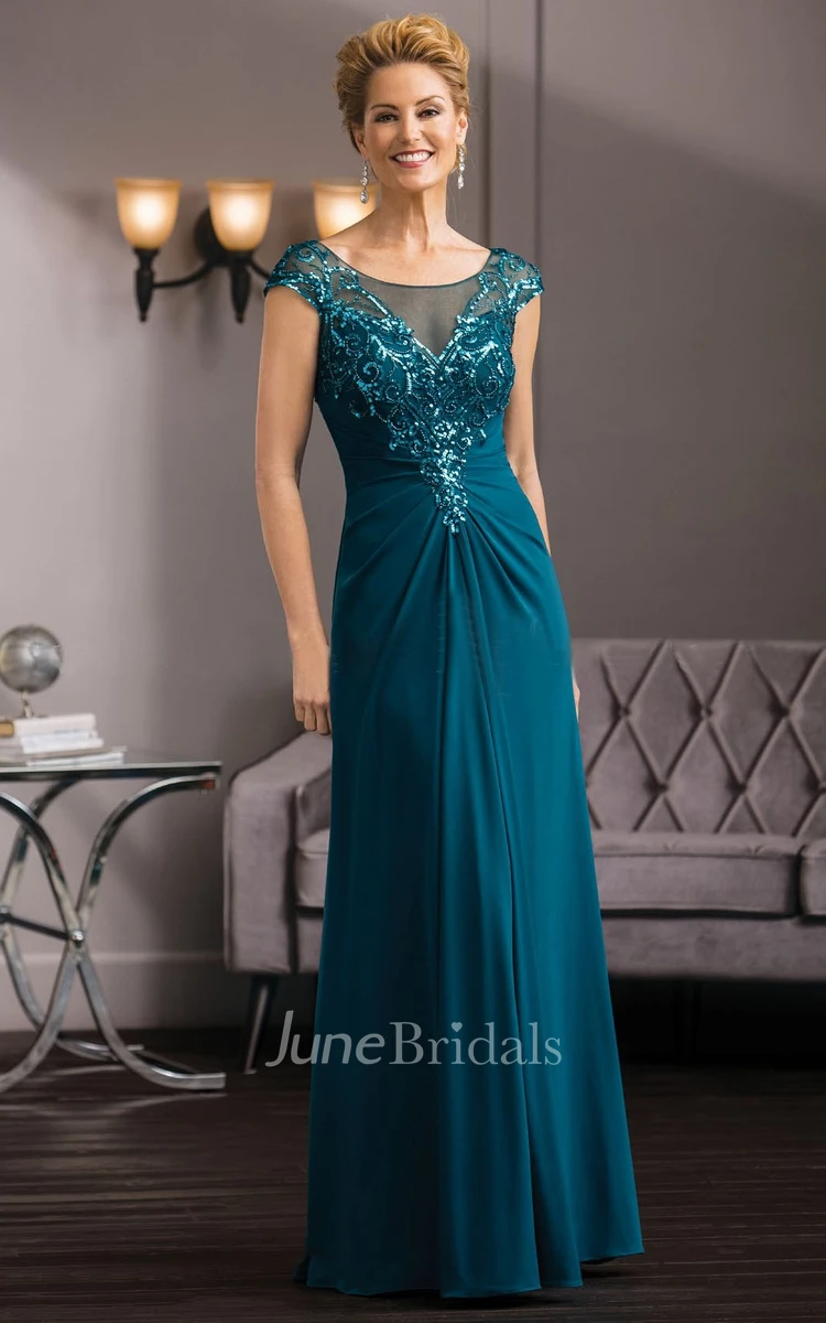 Sequined Chiffon Ruched Mother of the Bride Dress Illusion Back Cap-Sleeve