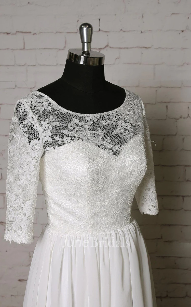 Scoop Neck Half Sleeve A-Line Chiffon Wedding Dress With Lace Bodice