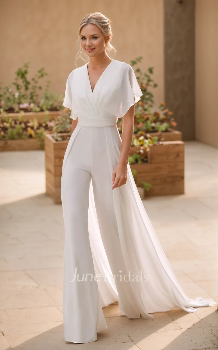 Modern Simple Sheath Jumpsuit Love Conquers All Wedding Dress Modest V-Neck Short Sleeve Closed Back Sweep Train Courthouse Bridal Gown