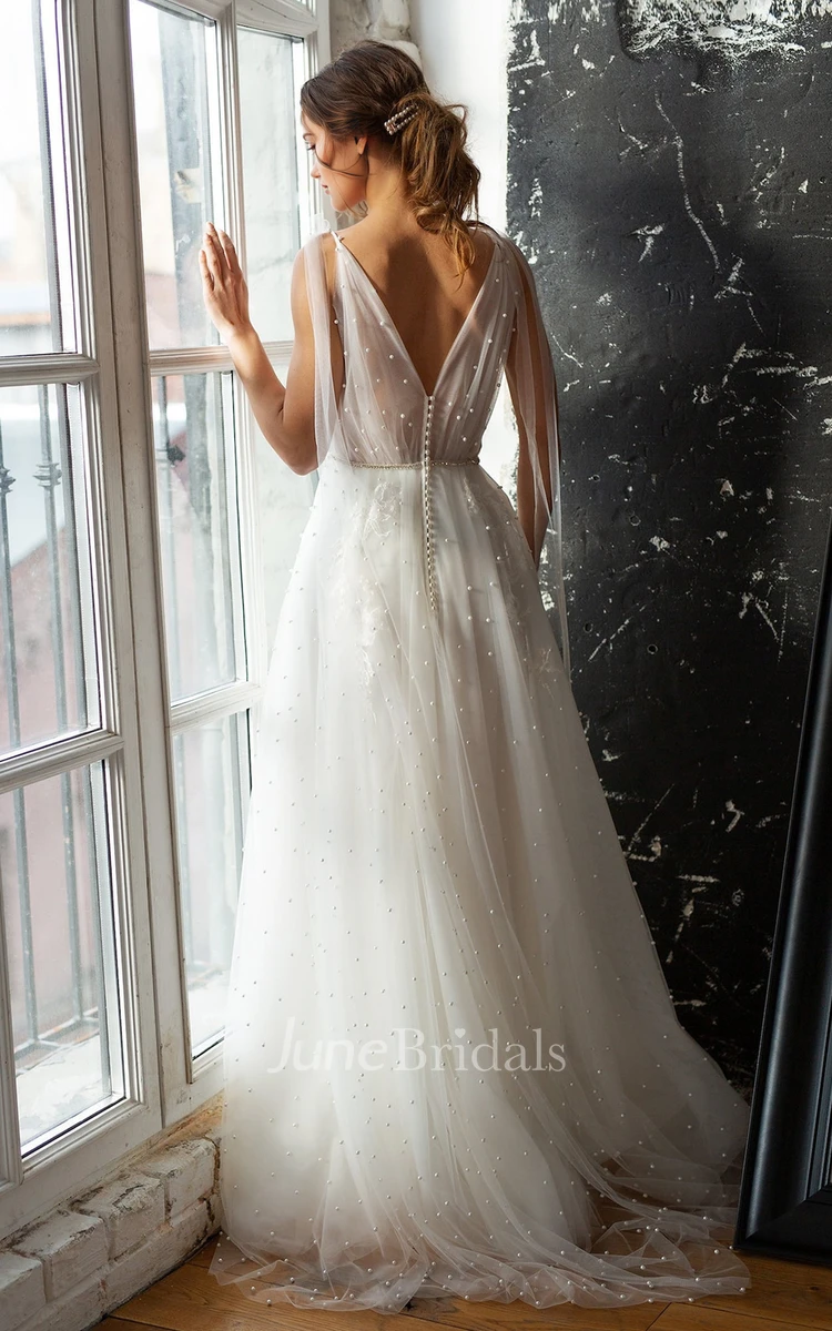 Fairy Flowy Ethereal A-Line Boho Pearl Wedding Dress Beach Modest Cross Neckline Low-V Back Sweep Train Sleeveless Bow Shoulder Strap Tulle Bridal Gown